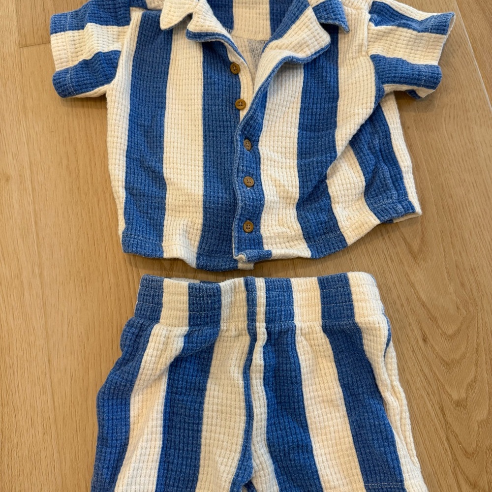 Boys Blue and Cream Striped Button-Up Top & Shorts Set